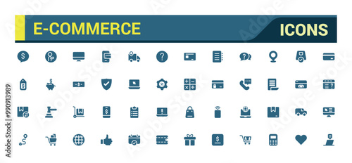 E-commerce filled icon set, online shopping and delivery elements glyph collection for web and ui. Filled icons pack, Solid icon collection, Vector illustration.