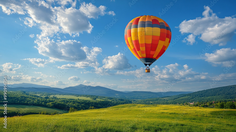 Fototapeta premium View of hot air balloon flying in sky over green valley