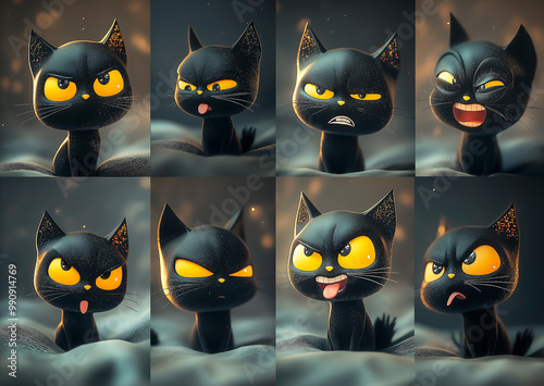 3d cute black cat in different poses and emodji, set cartoon illustration, halloween party photo