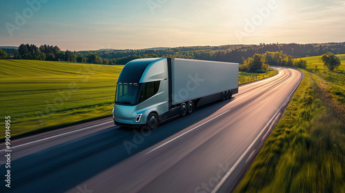 Modern high-tech electric truck on autopilot carries cargo on highway. Fast cargo delivery using modern technologies