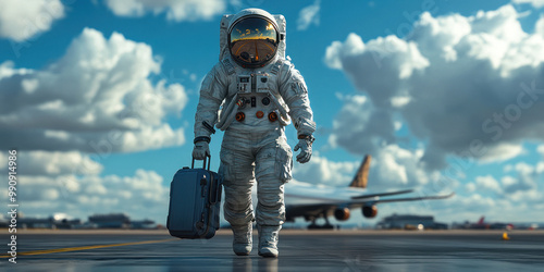 Astronaut with suitcase walking under bright sky. photo