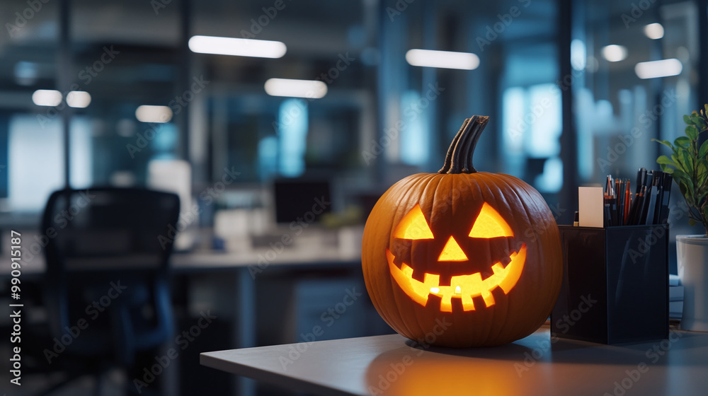 A jack-o-lantern pumpkin sits on an office desk on Halloween night
