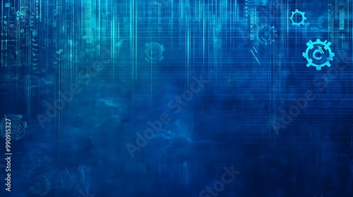 Abstract blue digital background with gears and data patterns.