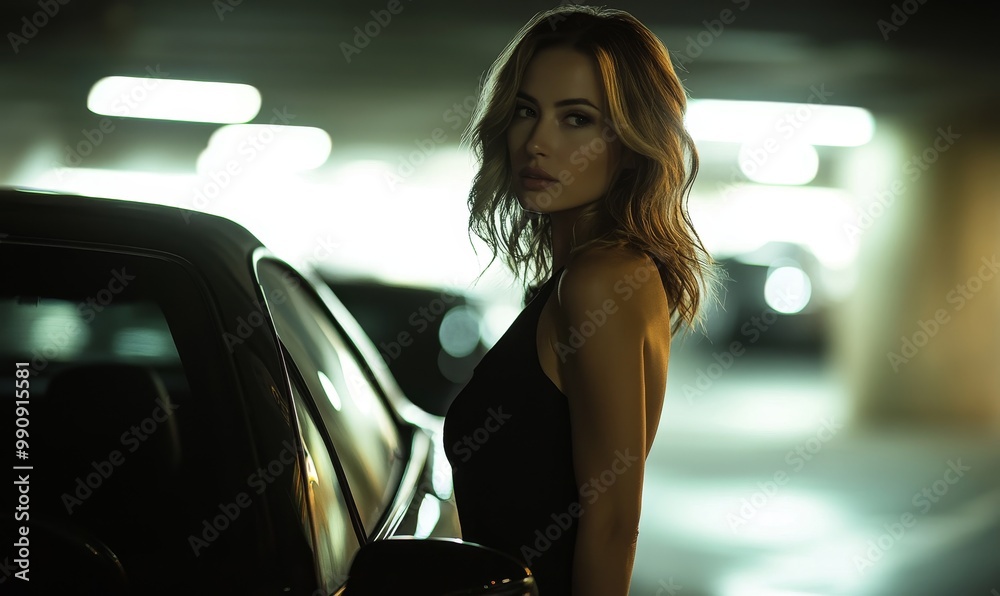 Woman in black dress, leaning against car.