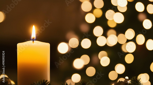 Burning candle near Christmas tree in front of blurred lights. Merry Christmas, New Years background banner. Copy paste area for text