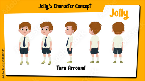 Boy character design model sheet. School boy cartoon character model sheet.