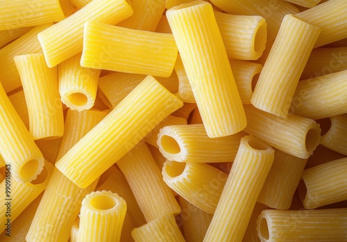 Raw yellow macaroni tubes scattered on a wooden surface ready for cooking