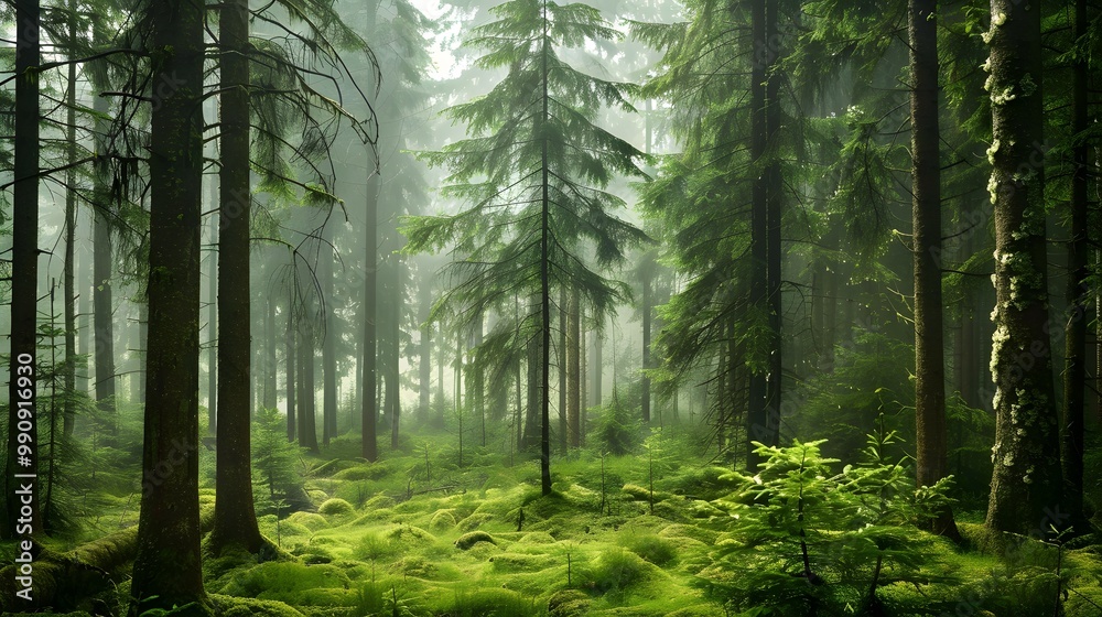 Obraz premium Climate Adaptation Landscape: An urban area transformed by a lush forest that provides shade and cooling, visualizing the role of urban forests in enhancing climate resilience against heatwaves and ex