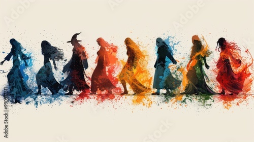 Design Pop Color silhouette illustrations of spooky Halloween Banquo's Ghost (from Shakespeare's Macbeth) in various activities ,with bold lines and simple design, placed on a white background