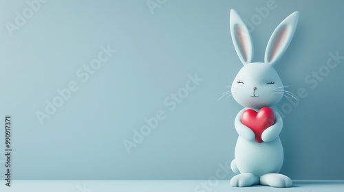 A cartoon bunny holding a red heart on a blue background.