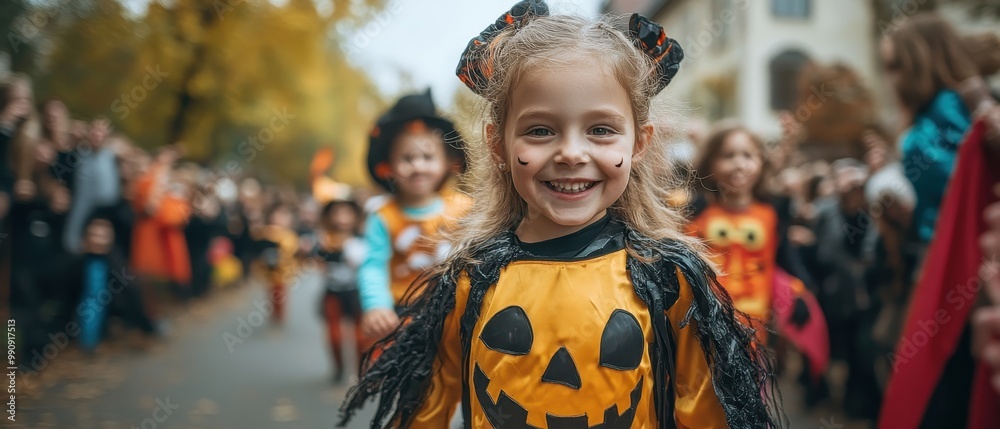 Obraz premium A joyful child in a Halloween costume smiles while participating in a festive parade, surrounded by fellow costumed friends.
