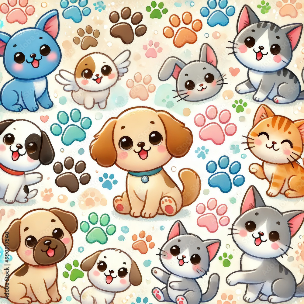 Cute Cartoon Pets with Paws Pattern Cute Cartoon Pets with Paws Pattern