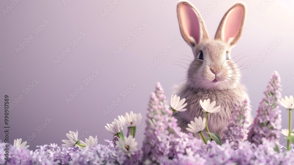 Fototapeta premium A cute bunny rabbit sits in a field of flowers.