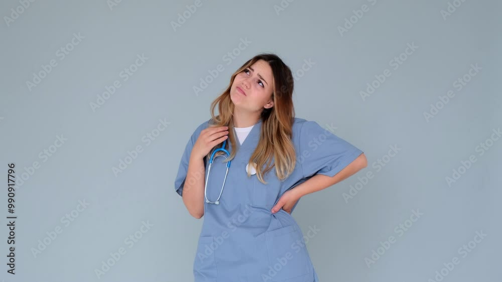 Unhappy Caucasian young adult female doctor or nurse suffering from boredom or tiredness on gray background. Fatigue, laziness, uncertainty, melancholy.
