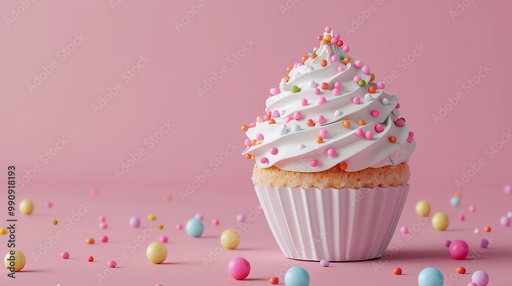 A white cupcake with pink frosting and colorful sprinkles sits on a pink surface with pink, blue, and yellow balls. A white cupcake with pink frosting and colorful sprinkles sits on a pink surface with pink, blue, and yellow balls.