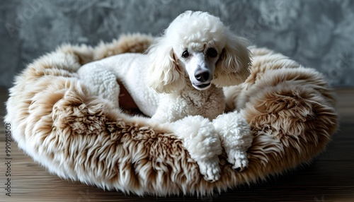 Relaxing White Poodle on Cozy Dog Bed with Pet Care Supplies in Serene Setting