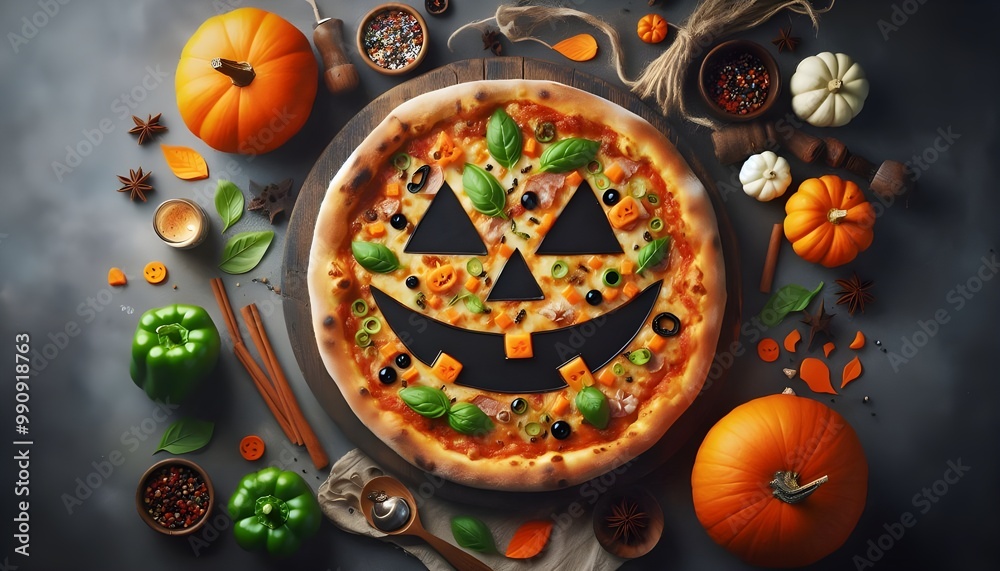 Halloween pizza with a spooky pumpkin smiling face. Overhead view