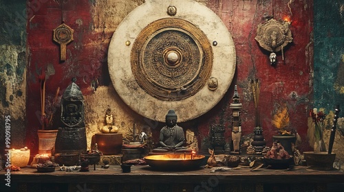 A close-up of a sacred space that features symbols and artifacts from various religions, highlighting syncretic practices photo