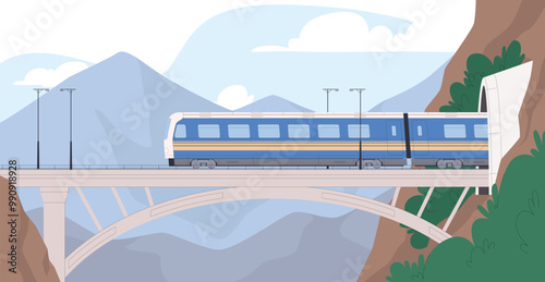 The train travels over a bridge with beautiful scenery. Long distance travel. Intercity transfers. Vector illustration