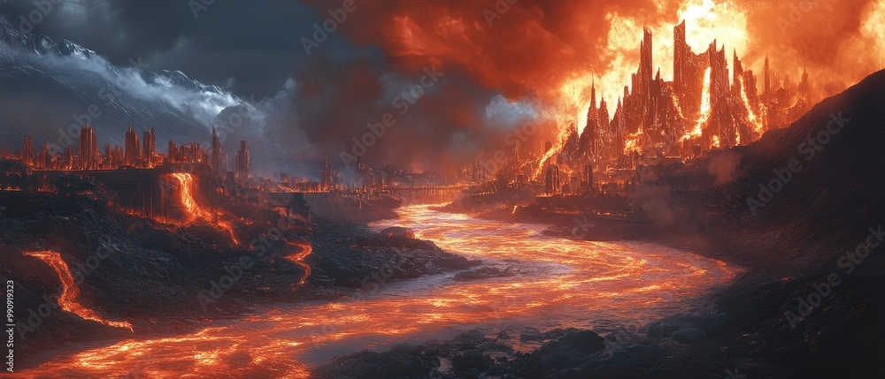A dramatic scene featuring a river of lava flowing through a fiery landscape under a dramatic sky. A dramatic scene featuring a river of lava flowing through a fiery landscape under a dramatic sky.