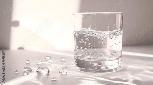 A photograph of a clear glass filled to the brim with water with droplets spilling over onto a pristine white table creating a refreshing and serene scene of tranquility and purity