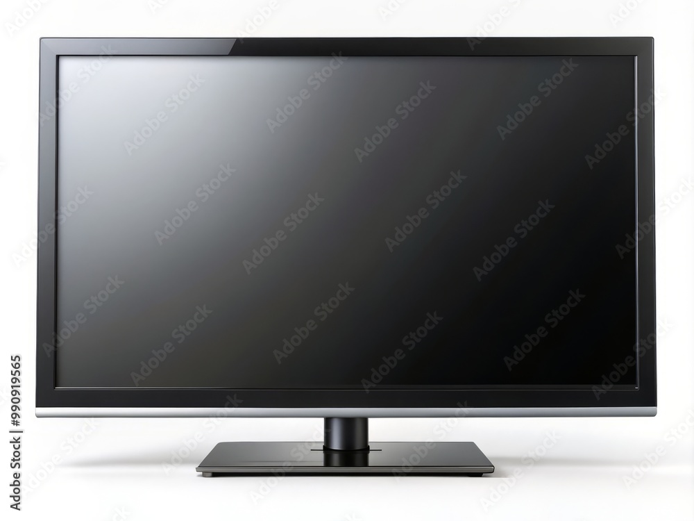 A stunning high-definition flat-screen TV sits confidently on a pure white pedestal, its glossy black surface A stunning high-definition flat-screen TV sits confidently on a pure white pedestal, its glossy black surface