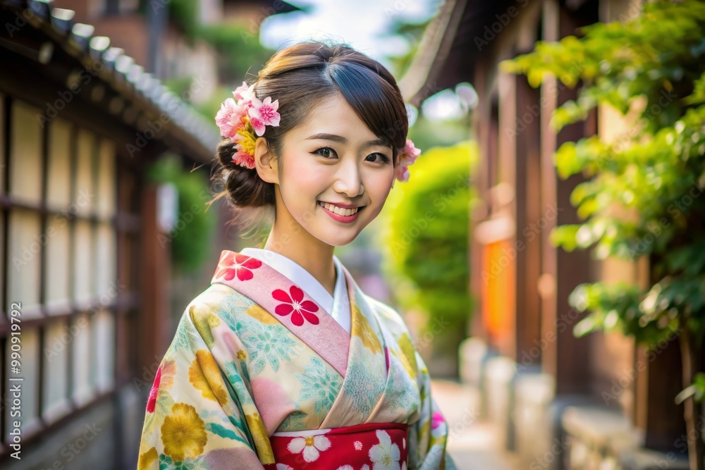 A stunning Japanese woman, adorned in a beautiful kimono, beams with joy as she looks directly into the A stunning Japanese woman, adorned in a beautiful kimono, beams with joy as she looks directly into the