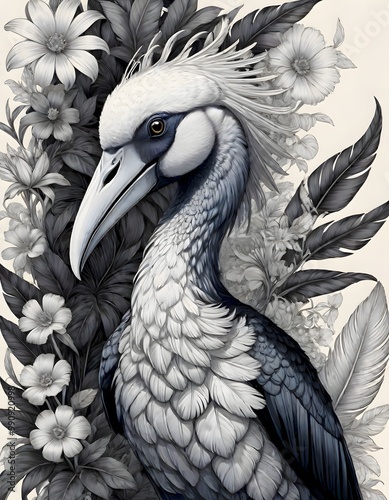 A sophisticated black and white ink drawing of a Shoebill bird, detailed with floral designs, Generative AI.