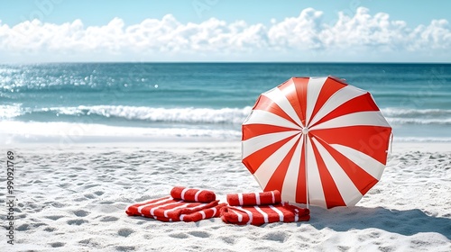 A vibrant red and white striped umbrella providing shade over cozy bright red beach towels laid out on the pristine white sand of a serene sunlit coastal scene