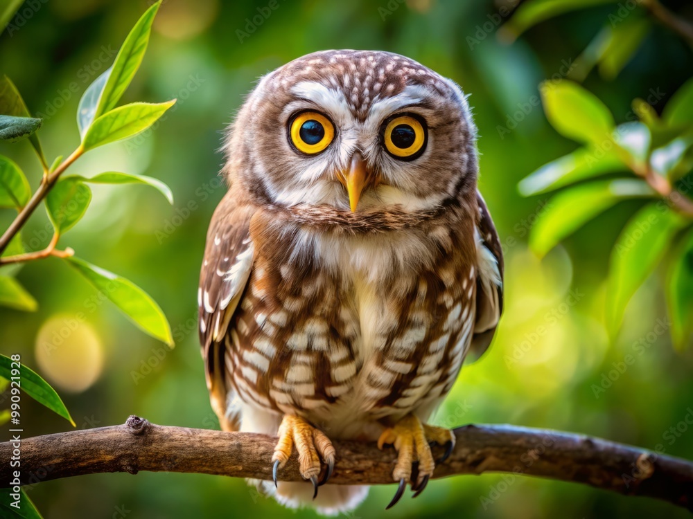 Perched high above on a gnarled branch, the tree owl's intense gaze seems to bore into the camera, Perched high above on a gnarled branch, the tree owl's intense gaze seems to bore into the camera,