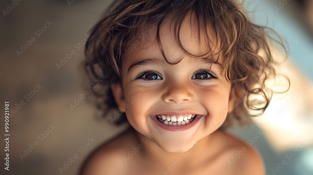Closeup portrait of a happy carefree 3 year old child with a big genuine smile sparkling eyes and soft rosy cheeks captured in natural warm lighting that enhances their innocent youthful expression Closeup portrait of a happy carefree 3 year old child with a big genuine smile sparkling eyes and soft rosy cheeks captured in natural warm lighting that enhances their innocent youthful expression