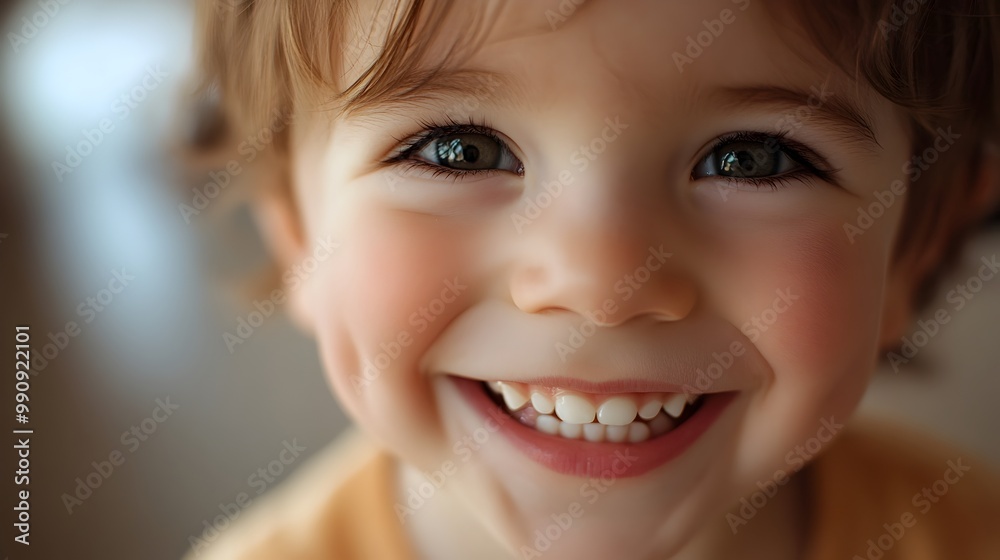 Closeup portrait of a happy beaming three year old child showing a playful joyful expression with soft focus on the background to highlight their adorable facial features Closeup portrait of a happy beaming three year old child showing a playful joyful expression with soft focus on the background to highlight their adorable facial features