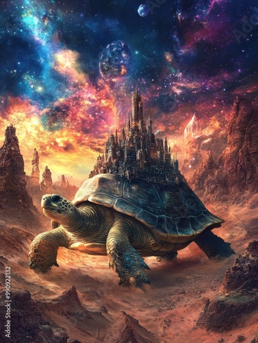 A majestic turtle carries a celestial city on its back, set against a vibrant cosmic background. photo