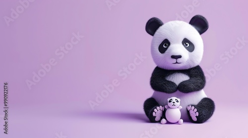 A cartoon panda bear sitting with its arms folded on a purple background. There is a smaller, purple cartoon panda bear sitting at its feet.