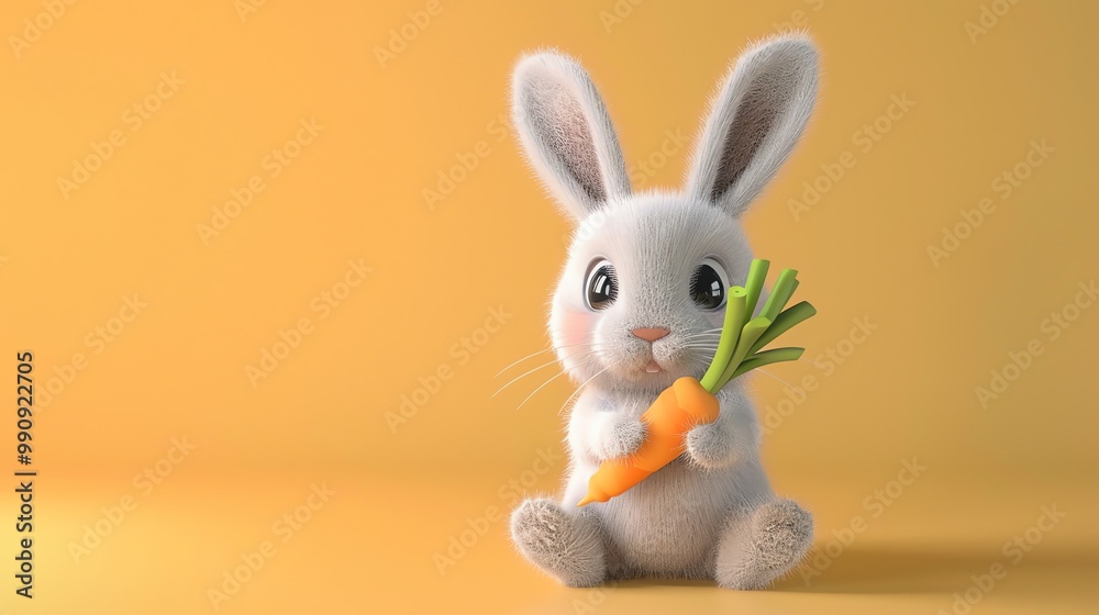 Obraz premium Cute, fluffy white bunny rabbit sitting on a yellow background, holding a carrot.