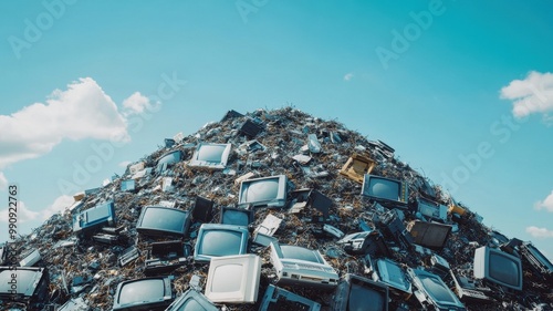A mountain of discarded televisions against a clear blue sky, illustrating the issue of electronic waste and pollution.
