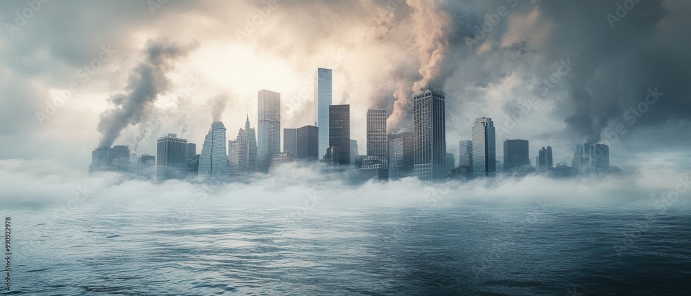 Fototapeta premium A panoramic view of a city skyline engulfed in fog, with smoke rising from buildings.