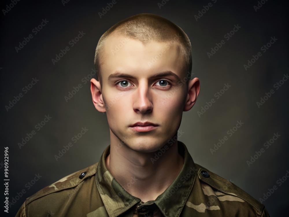 A young soldier presents a sharp appearance, with closely cropped brown hair and a clean-shaven face, dressed in A young soldier presents a sharp appearance, with closely cropped brown hair and a clean-shaven face, dressed in
