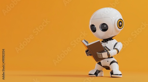 A white and yellow robot holding a book in front of an orange background.