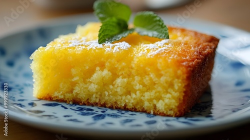 Closeup of a fluffy and moist lemon cake showcasing its vibrant yellow color and garnished with fresh mint leaves artfully presented on a delicate porcelain plate