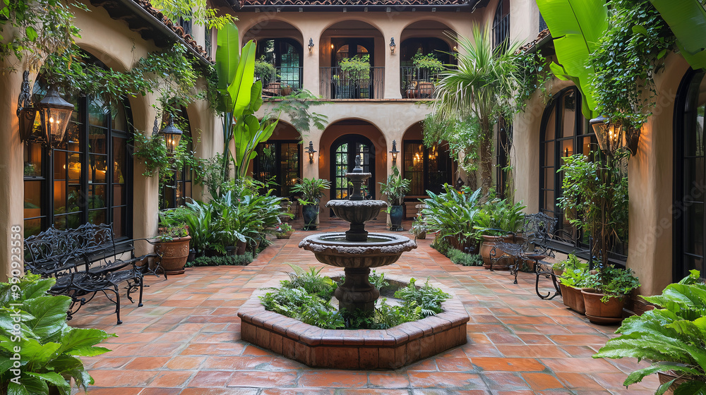 Serene Mediterranean courtyard with terracotta tiles, a central water fountain, and wrought iron furniture surrounded by lush greenery Serene Mediterranean courtyard with terracotta tiles, a central water fountain, and wrought iron furniture surrounded by lush greenery