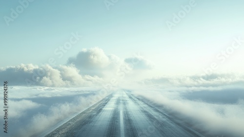 A serene road leading through a fluffy cloudscape, creating a dreamlike atmosphere with soft colors and ethereal beauty.