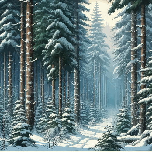 Dense pine forest in the middle of winter illustration 