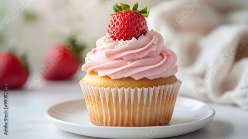 A beautifully presented strawberry cupcake with a swirl of fluffy pink frosting topped with a fresh strawberry and delicate sprinkles placed on a clean white plate against a bright background