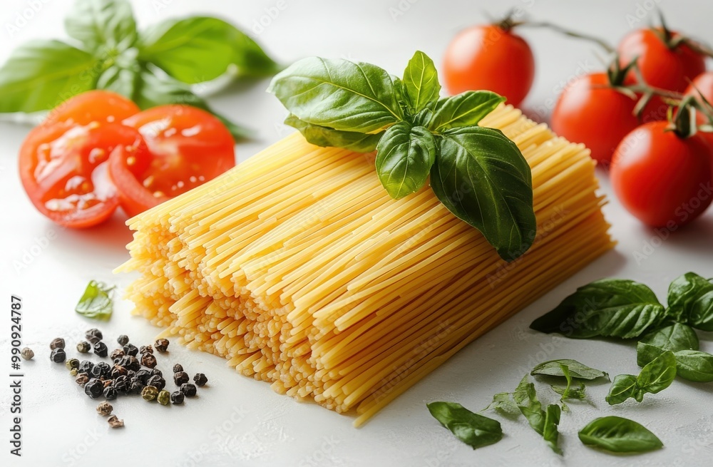 A colorful stack of spaghetti with fresh basil and ripe tomatoes on white A colorful stack of spaghetti with fresh basil and ripe tomatoes on white
