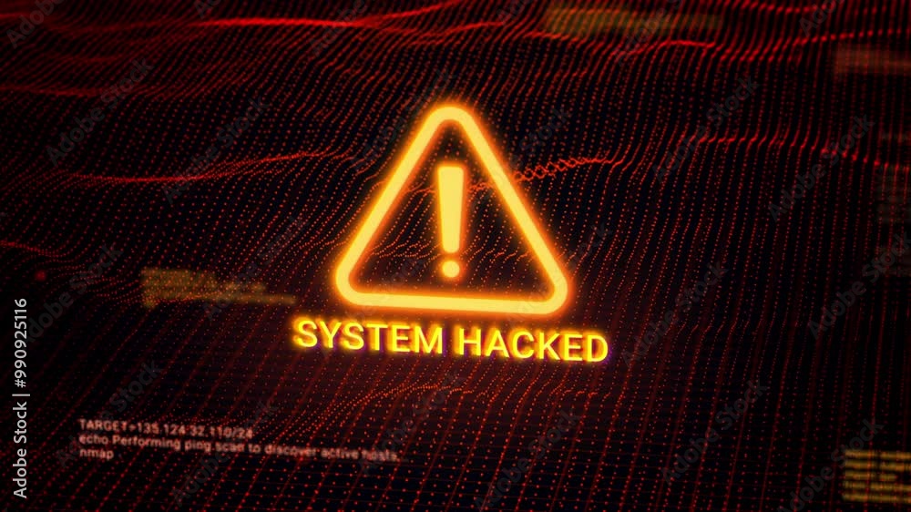 Business server show security hacked alert warning sign, Hacker access private confidential database, Cyber attack data protection system exploit concept, hacking computer tech screen 3d rendering