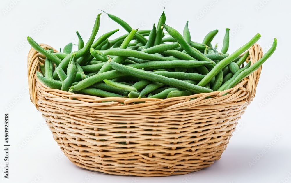 A basket of green beans, their crisp texture highlighted by the clean white background A basket of green beans, their crisp texture highlighted by the clean white background