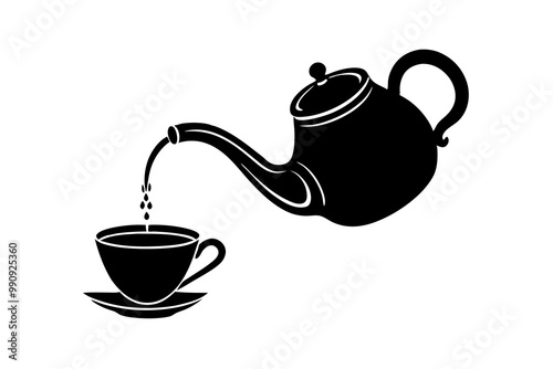 Vintage Teapot Pouring into a Cup Silhouette, Tea Pot and Cup Vector, Classic Tea Silhouette Design photo