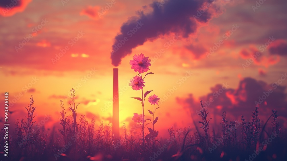 Obraz premium A striking contrast of nature and industry, with a flower standing tall against a smoky factory backdrop during a vibrant sunset.
