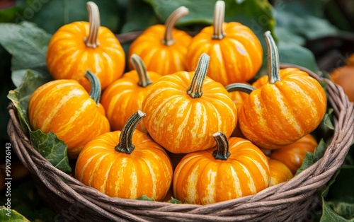 A basket of small pumpkins arranged together, ready for decoration or cooking